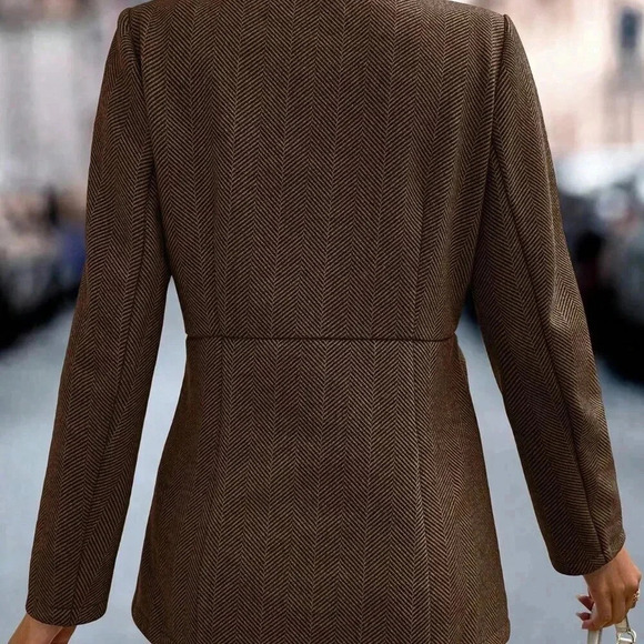 Coffee Brown Casual Women's Herringbone Pattern Long Sleeve Overcoat - Picture 2 of 7